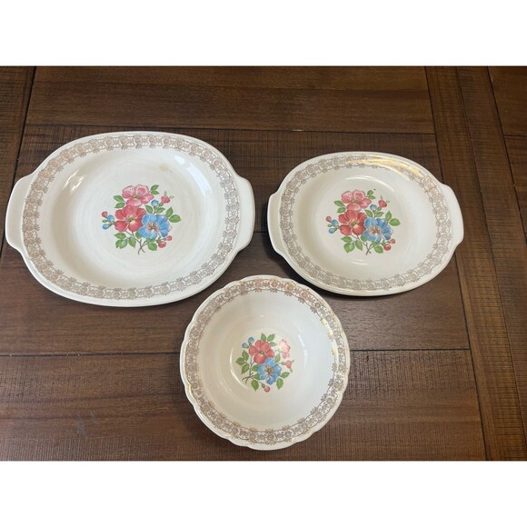 FRENCH SAXON CHINA UNION MADE U.S.A.~22 KT GOLD 2 SERVING PLATTERS AND BOWL VTG - Picture 1 of 16